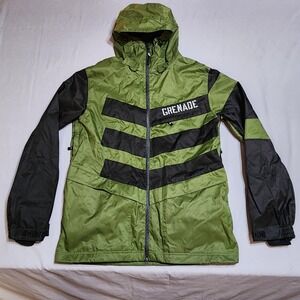 Grenade Fatigue Snowboard Jacket Mens Large Green Black Stripe Hooded Ski Coat